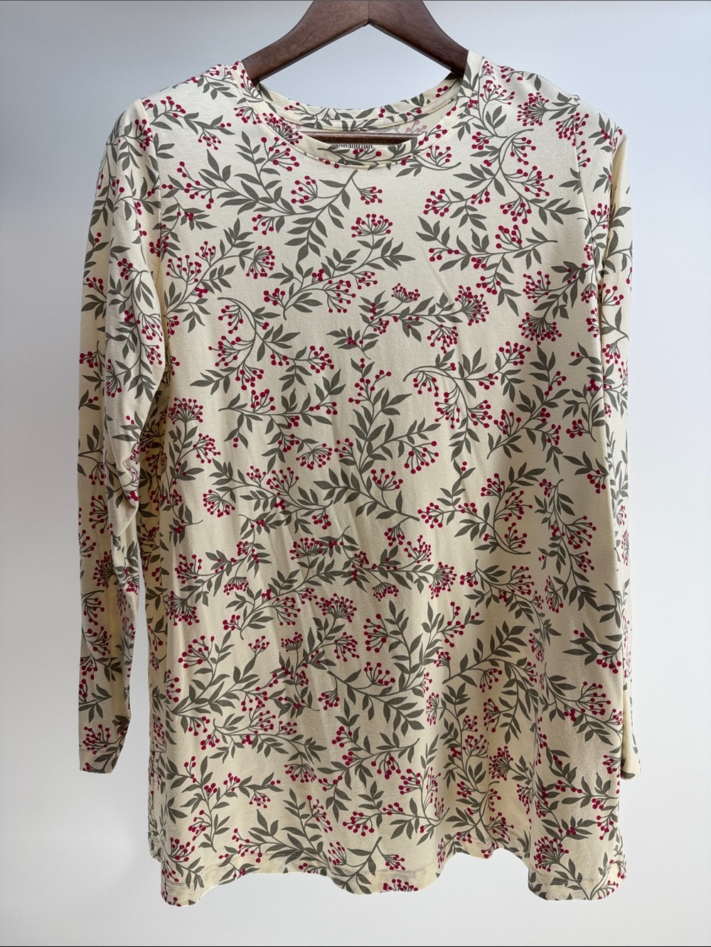 Woman Within Cream Long Sleeve Floral Berry Print Tee